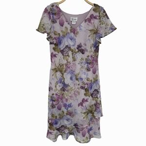Vintage K Studio Dress Size 12 Purple Floral Chiffon Short Sleeve Midi Fairycore